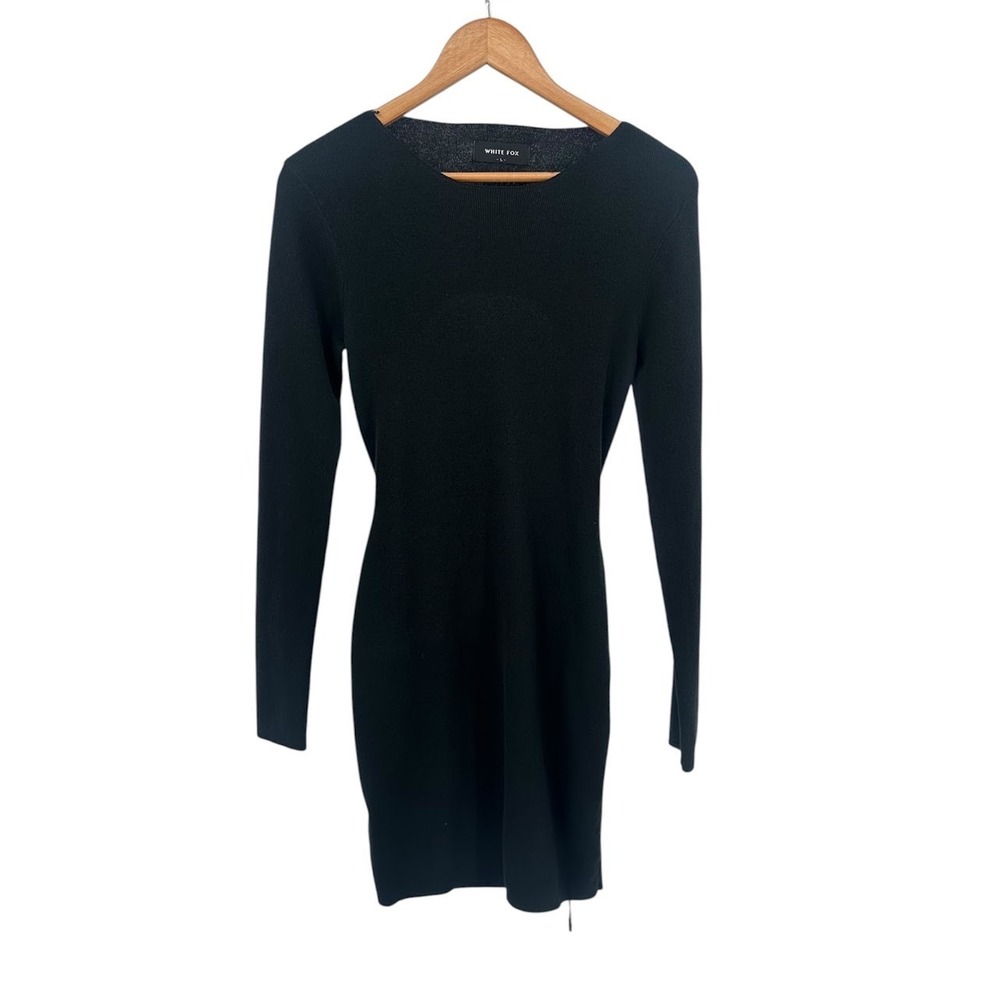 White Fox Black Open Back Mini Dress Long Sleeve Tie Back Bodycon Size L Date - Picture 2 of 5